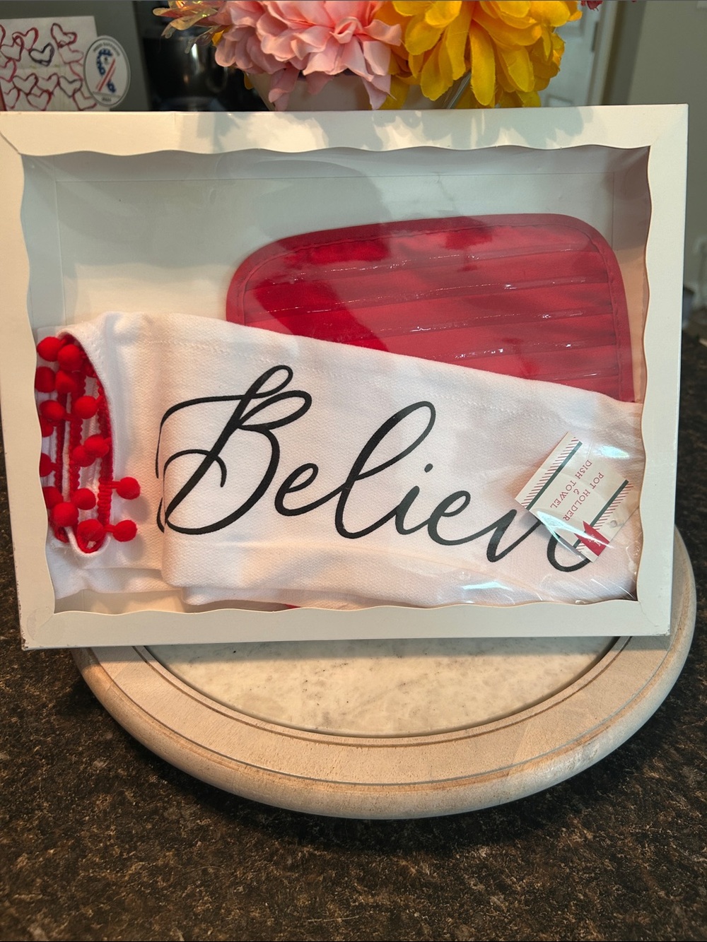 Believe Decorative Kitchen Towel & Red Pot Holder Set